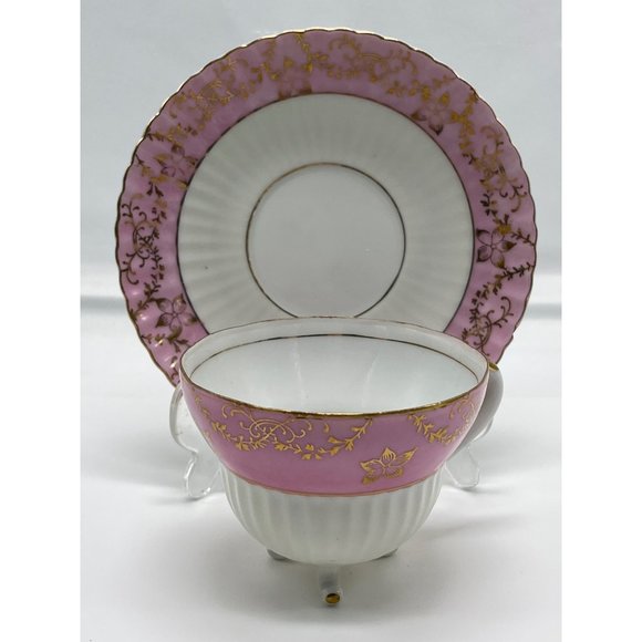 Vintage Chase Tea Cup Saucer Pink Gold Footed Hand Decorated - Picture 1 of 7